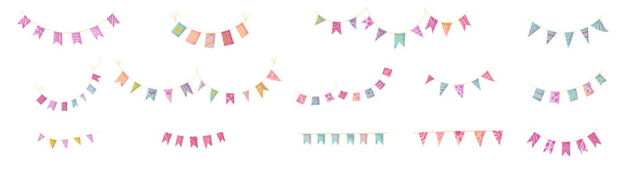 Bunting garland doodle set. Doodle birthday garland of flags. Festival or Christmas party bunting border decoration. © Elena