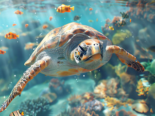 Obraz premium Close-up of a sea turtle swimming in the ocean with fish and coral in the background.