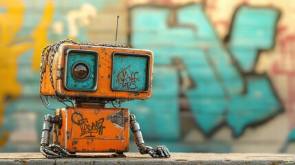 Side profile of a lazy punk robot is face with a disheveled, retro-futuristic aesthetic. The robot features a rusty metal faceplate with vibrant graffiti patterns, a drooping expression, and a