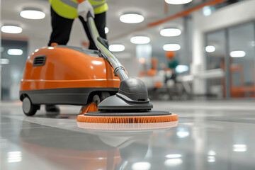 Fototapeta premium Image of a cleaner with a professional floor washer and cleaner.