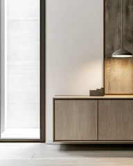 Fototapeta premium Elegant sideboard in beige color next to a window in an interior design composition. Luxury property interiors with minimalist elegant furniture.