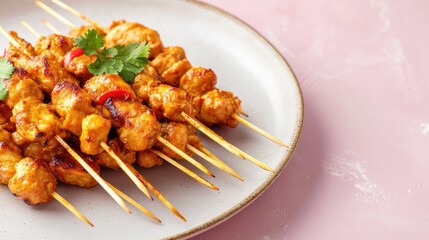 A plate of chicken satay on a soft pink background with space for text or promotional messages.