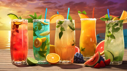 colorful cocktails on the table, summer drinks cocktails, ai generated