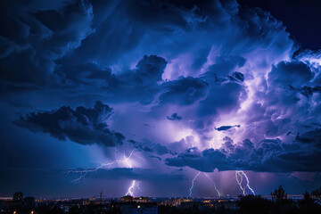 Generative ai on theme of scary bright electric lightning bolt with branches in the night dark sky