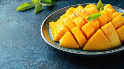 A plate of mango sticky rice on a dark blue background with space for text, perfect for menu designs.