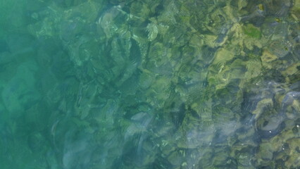 the surface of the sea with a rocky bottom