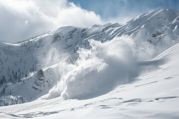 Generative ai on theme of descent of an huge avalanche from the mountain, winter nature landscape