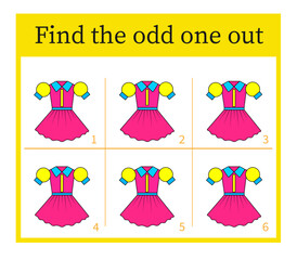Puzzle game for children. Attention task. Kids activity page. Cute dress. Answer is 2. © Faziljan