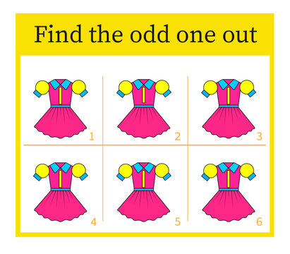 Puzzle game for children. Attention task. Kids activity page. Cute dress. Answer is 2.