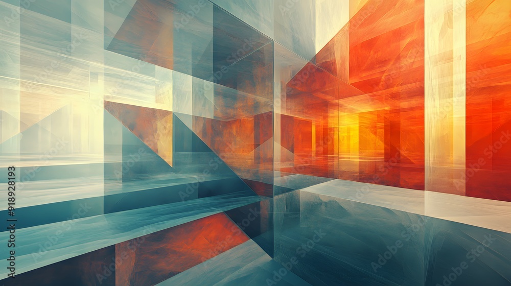 Sticker 86. geometric abstraction with layered translucent shapes and glowing effects