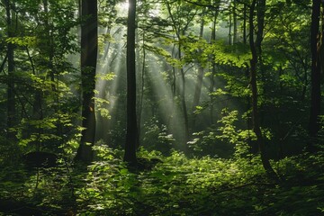 Fototapeta premium A photo of a serene forest with sunlight filtering through the trees in the morning