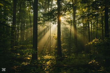 Obraz premium A photo of a serene forest with sunlight filtering through the trees in the morning
