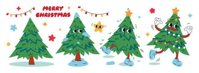 Christmas cartoon characters and elements. Christmas tree decorated with snow, light, ball and star. Holidays greeting for design, poster, print, background.
