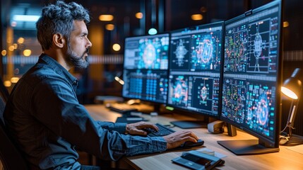 Man working at multiple computer screens in a dimly lit office at night, analyzing complex data and graphics