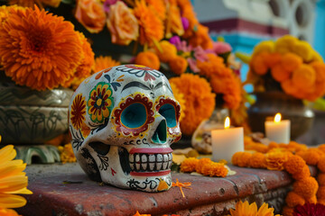 Fototapeta premium Beautiful greeting card with bright holiday composition for happy to joy celebrate dia de muertos