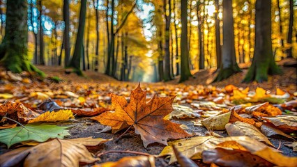 Fototapeta premium Leaves of tree scattered on the forest floor , nature, autumn, foliage, ground, fallen, texture, seasonal, organic