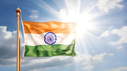 India flag waving on wind in blue sky and front of bright sun light.
