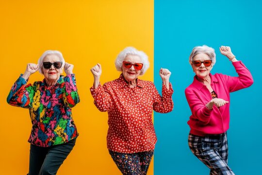 Funny grandmother portraits. 80s style outfit. Dab dance on colored backgrounds. Concept about seniority and old people, Generative AI