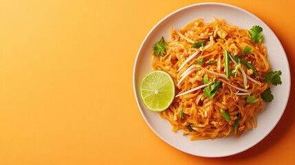 A plate of pad thai on a vibrant orange background, with space for text or branding elements.
