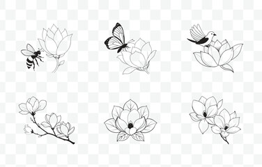 Print Detailed Magnolia Line Art Vector Set Featuring Elegant Floral Designs and Botanical Elements