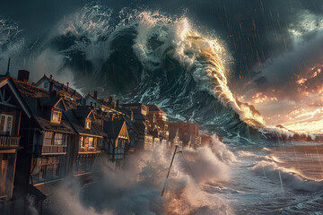 Fototapeta premium Generative ai on theme of a scary tsunami with huge foamy wave, apocalyptic dramatic background