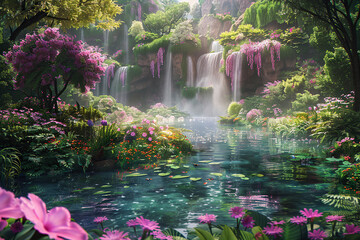 Generative ai on theme of beautiful majestic waterfall in natural nature, national park attraction