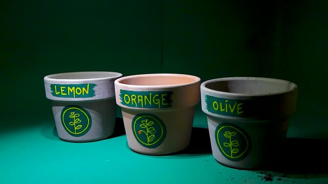 Footage of three clay pots being poured with soild and dirt in slow motion that have writing on it that says lemon, orange and olive. Pots are orange and gray on a dark green background in 4K quality.