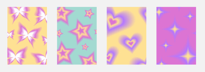 Set brochure y2k aura. Blurred heart, butterfly and stars with aura in trendy style y2k.