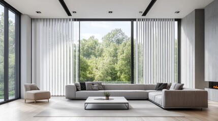 A modern living room with floor-to-ceiling windows covered by sleek white vertical blinds