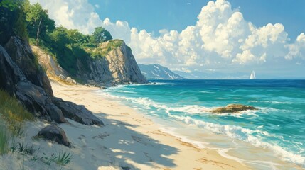 Sandy Beach with Green Cliffs and Sailboat on Horizon