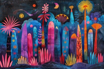 A lively tropical vector illustration showcasing lush trees, traditional masks, and intricate totem poles