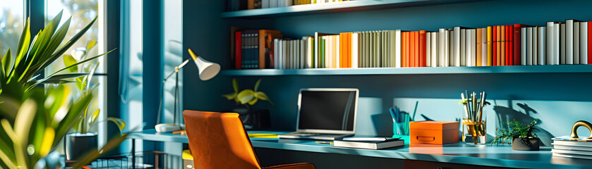 Home Office Desk with Bookshelf and Laptop - Realistic 3D Illustration