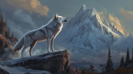 A lone wolf stands on a snowy cliff overlooking a majestic mountain peak.