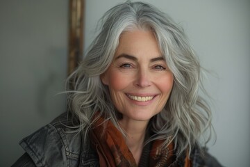 Fototapeta premium An older woman with grey hair beaming with a smile, capturing a moment of happiness and grace