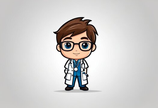 smiling male doctor in full length chibi style character, white background