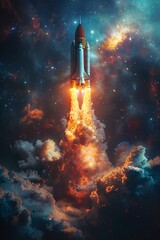 Fototapeta premium Rocket launches from an open book with colorful clouds and stars, symbolizing imagination and the adventure of space exploration