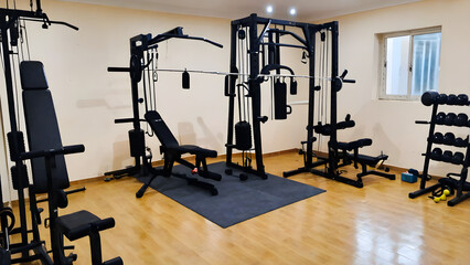 Obraz premium Home gym with equipment and mirror, home gym with exercise equipment, ai generated