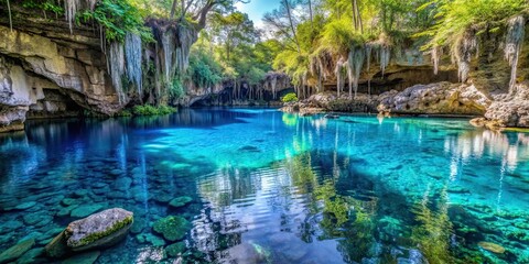 Naklejka premium Blue cenote interior with crystal clear water and natural rock formations, cenote, interior, blue, crystal clear