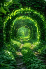 Sunlight filters through lush, green foliage forming a natural archway in a tranquil forest setting