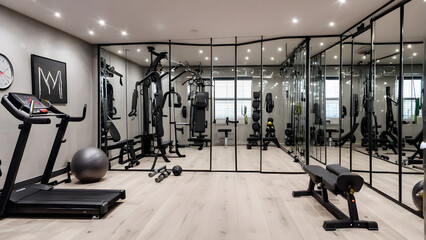 Fototapeta premium Home gym with equipment and mirror, home gym with exercise equipment, ai generated