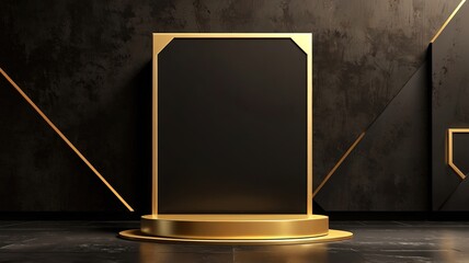 Minimal scene with podium and abstract background. gold and black dark colors scene. Trendy 3d render for social media banners, promotion, cosmetic product show. Geometric shapes interior.