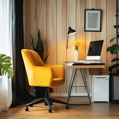 Fototapeta premium Bright Corner Office with Yellow Chair and Inspirational Quotes