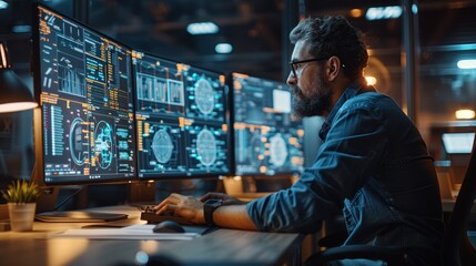 An IT professional analyzes data while working late at a modern office filled with multiple computer screens displaying various analytics