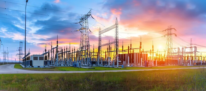 A high voltage electrical substation, with electrical towers and transmission lines, at sunset.  The power grid is an important part of modern infrastructure.
