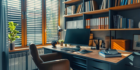 Home Office Workspace with Bookshelf, Computer, and Desk