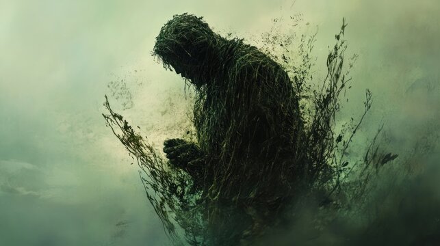 A Figure Covered in Vines Emerges From a Foggy Green Landscape