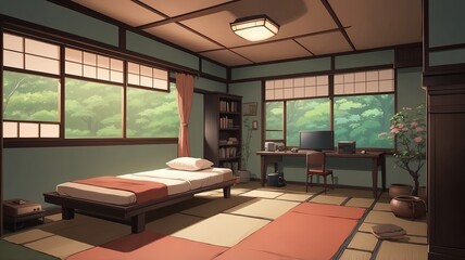 Lofi room, beautiful chill, atmospheric wallpaper. background. lo-fi, traditional japan house. Anime and manga style