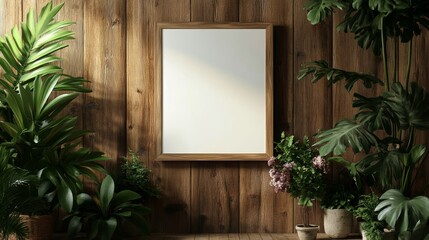 Blank Canvas Framed on a Wooden Wall with Plants