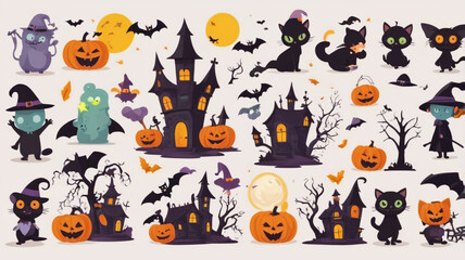 halloween cartoon vectors, 2d, flat, cute