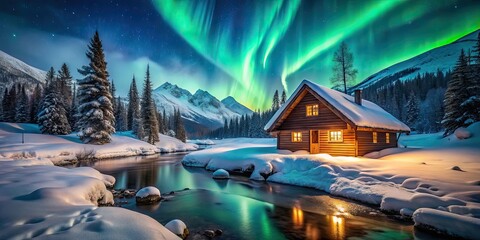 Fototapeta premium Cozy log cabin in snowy mountain landscape under the northern lights with icy stream nearby, Winter, cabin, snow, mountains